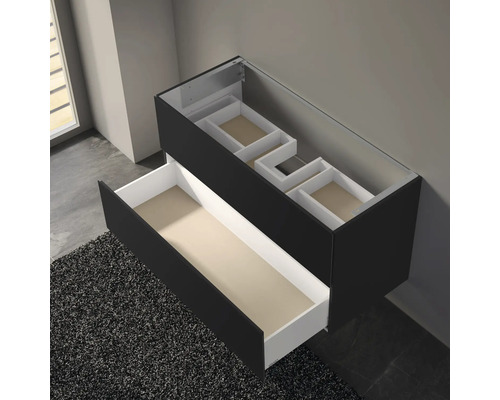 Waschtischunterschrank mit offenen Schubladen und Stauraumelementen