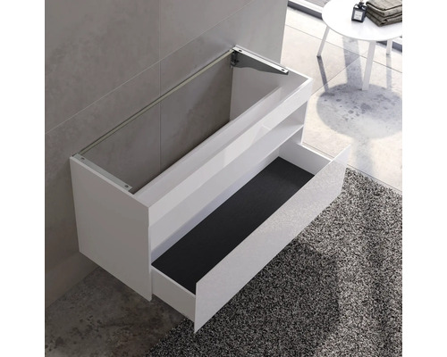 Weißer Waschtischunterschrank mit Schublade in einem modernen Badezimmer.