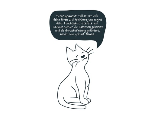 Illustration einer Katze mit Sprechblase über Silikat-Feuchtigkeitsabsorption