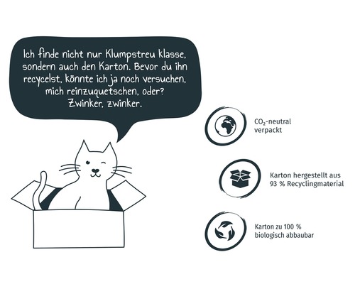 Illustration einer Katze in einem Karton mit Informationen zu CO2-neutraler Verpackung, 93 Prozent Recyclingmaterial und 100 Prozent biologischer Abbaubarkeit des Kartons