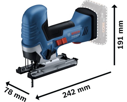 Bosch Professional Akku Stichsäge mit den Maßen 242 mm Länge, 78 mm Breite und 191 mm Höhe