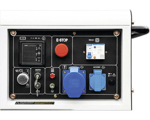 Bedienfeld eines Stromerzeugers mit Display, Not-Aus-Schalter und Steckdosen