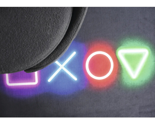 Detailaufnahme eines Headsets über einem Hintergrund mit Quadrat-, Kreuz-, Kreis- und Dreieckssymbolen