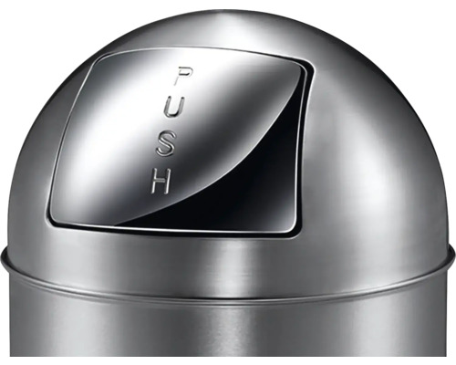 Detailansicht eines Abfalleimers mit Aufschrift ''PUSH'' auf dem Deckel