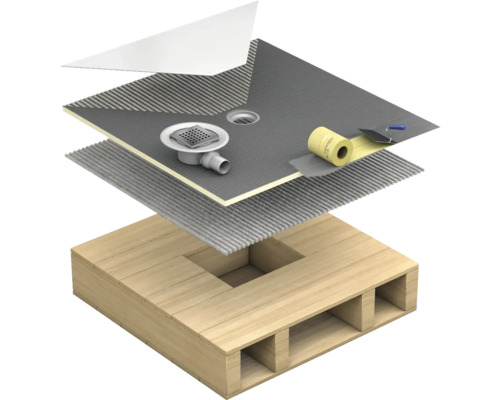 Schichtaufbau einer Dusche mit Dichtmanschette, Dichtband, Dichtmasse und Ablaufgarnitur auf einem Holzbalken