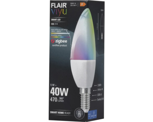 Verpackung einer Flair Viyu Smart LED Lampe, C35/E14, mit 16 Millionen Farben und Zigbee zertifiziert