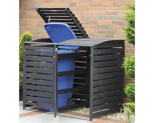 Mülltonnenbox aus Holz mit geöffnetem Deckel und Mülltonne