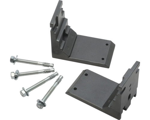 Zwei Gerätehalterungen aus Metall mit vier Bolzenankern