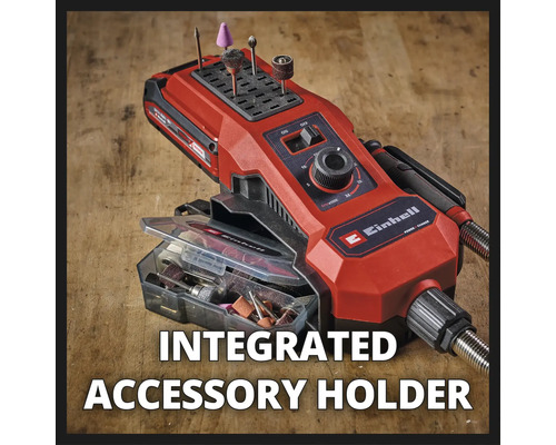 Einhell Logo. Multifunktionswerkzeug mit integriertem Zubehörhalter.