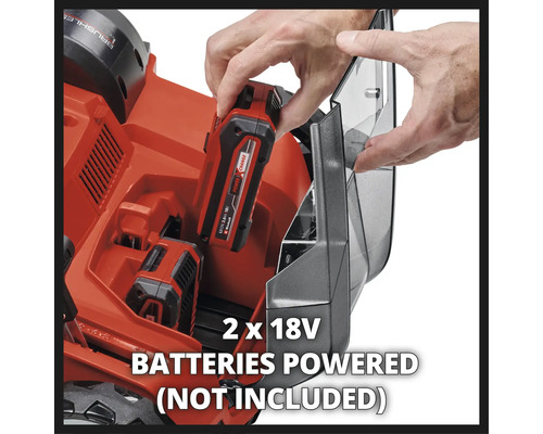 Akkubetriebene Gartenmaschine mit zwei 18-Volt-Batterien, die nicht im Lieferumfang enthalten sind
