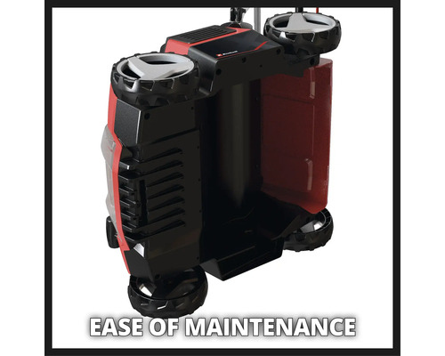 Detailansicht eines Akku-Rasenmähers mit Fokus auf einfache Wartung.