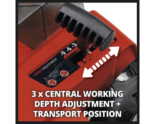 Höhenverstellung mit zentraler Arbeitstiefeneinstellung und Transportposition
