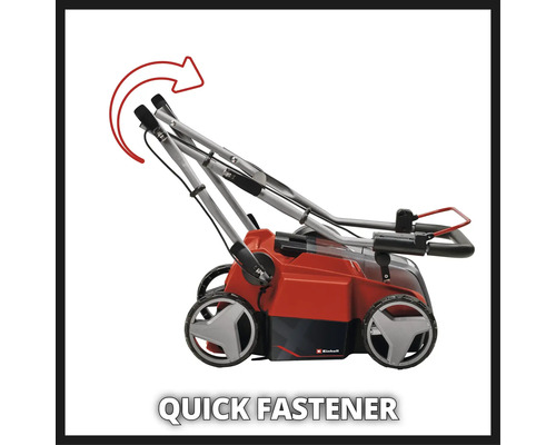 Einhell Logo. Rasenmäher mit Schnellspannern zum Zusammenklappen.