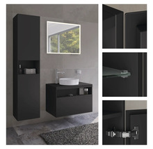 Modernes Badezimmerensemble mit Waschtisch, Aufsatzwaschbecken, Spiegelschrank und Hochschrank