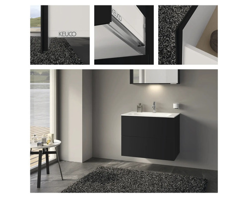 Badezimmer mit schwarzem Waschtischunterschrank, Waschbecken und Spiegel von Keuco