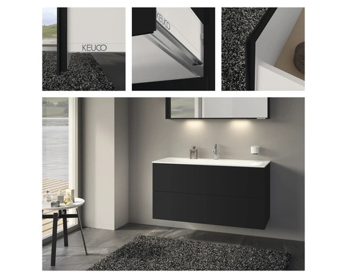 Modernes Badezimmer mit schwarzem Waschtischunterschrank, weißem Aufsatzwaschbecken und Spiegel