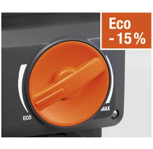 Detailaufnahme eines Drehreglers für ein Gartengerät mit der Aufschrift Eco -15 Prozent.