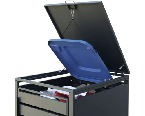 Geöffneter Mülltonnenbox mit Mülltonne