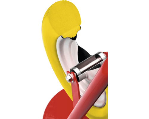 Detailaufnahme eines Rohrschneiders mit gelbem Schneidrad und rotem Griff.