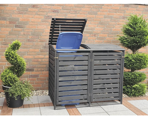 Doppel-Mülltonnenbox aus Holz im Garten
