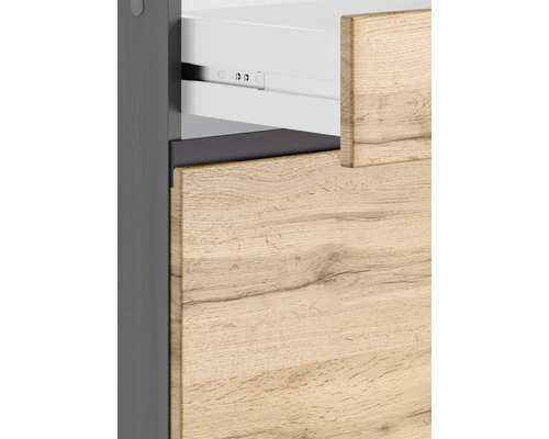 Detailaufnahme eines Badezimmerschranks mit Schublade und Holzstruktur