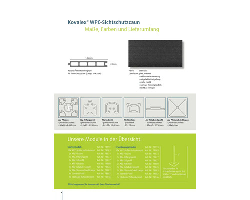 Kovalex WPC Sichtschutzzaun mit Maßangaben und Modulübersicht