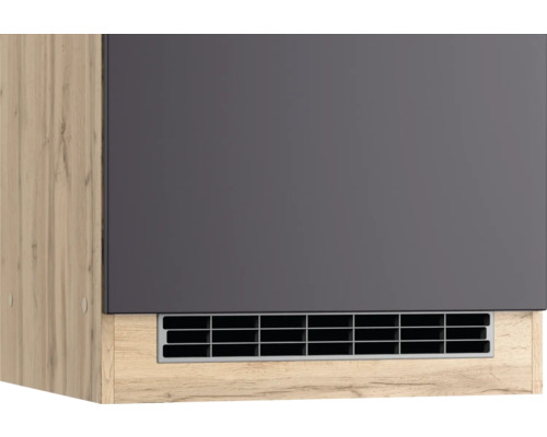 Hängeschrank mit grauer Front und Holzoptik