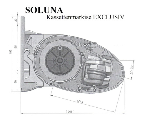 Technische Zeichnung einer Soluna Kassettenmarkise Exklusiv mit Maßangaben