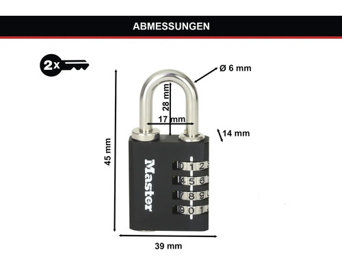 Master Lock Zahlenschloss mit den Maßen 45 mal 39 Millimeter