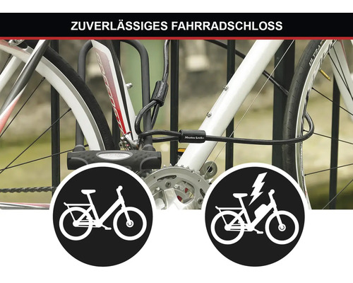 Fahrrad mit Fahrradschloss und Symbolen für Fahrräder und E-Bikes