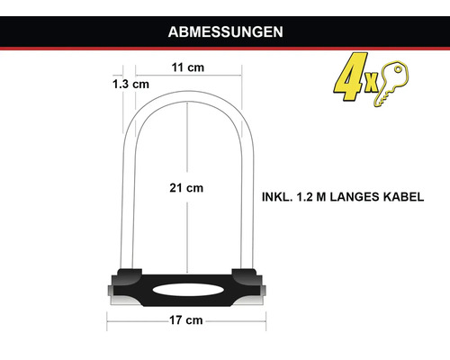 Abmessungen eines Bügelschlosses mit den Maßen 1,3 cm, 11 cm, 21 cm und 17 cm inklusive 1,2 Meter langem Kabel und vier Schlüsseln