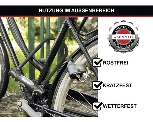 Fahrrad mit Fahrradschloss zur Verwendung im Aussenbereich, mit Garantie, rostfrei, kratzfest und wetterfest