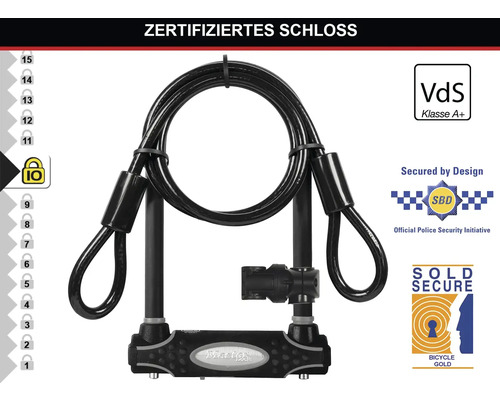 Zertifiziertes Fahrradschloss mit verschiedenen Sicherheitslogos