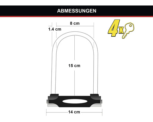 Abmessungen eines Bügelschlosses mit 4 Schlüsseln