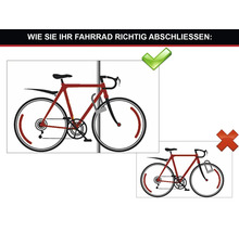 Darstellung, wie man Fahrräder richtig abschließt, mit Symbolen für richtig und falsch