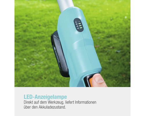 Akkubetriebener Trimmer mit LED-Anzeigeleuchte zur Anzeige des Akkuladestands.