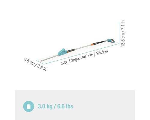Gardena Akku-Teleskop-Heckenschere mit Maßangaben