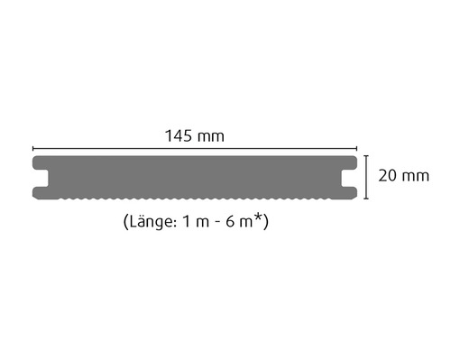 Profil einer Terrassendiele mit den Maßen 145 mm Breite und 20 mm Stärke, Länge 1 bis 6 Meter