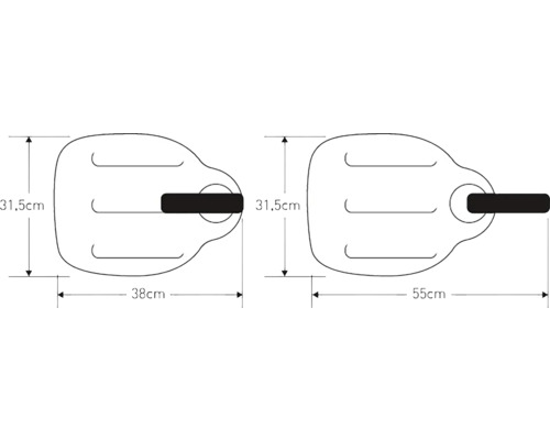 Technische Zeichnung einer Badewannenablage mit den Maßen 31,5 cm Höhe, 38 cm Tiefe und 55 cm Tiefe.