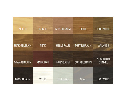 Farbmuster verschiedener Holzarten und Farben wie Kiefer, Buche, Kirschbaum, Eiche, Teak und mehr.
