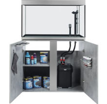 Aquarium mit Unterschrank und Zubehör wie Filter, Reiniger und Pflegeprodukten