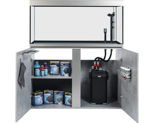 Aquariumkombination mit offenem Unterschrank und Zubehör