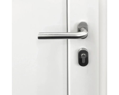 Edelstahl Türdrücker auf einer weißen Tür