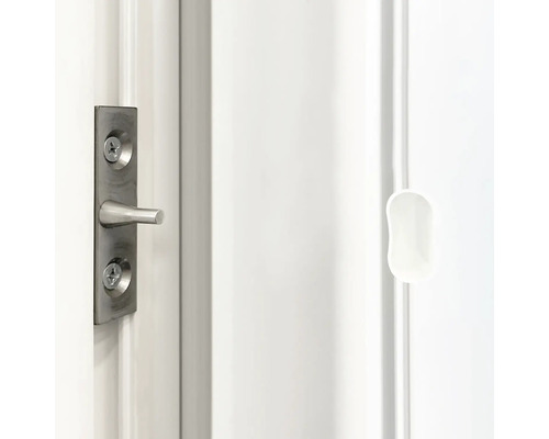 Detailansicht einer weißen Tür mit einem Türriegel aus Metall