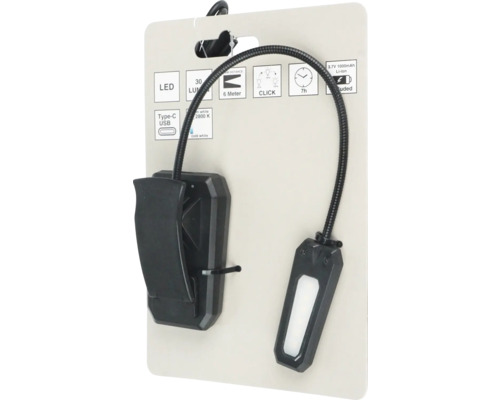 LED-Klemmleuchte mit flexiblem Hals, 30 Lumen Lichtstärke und USB-Anschluss