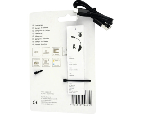 Leselampe mit LED und USB-Kabel auf Verpackung