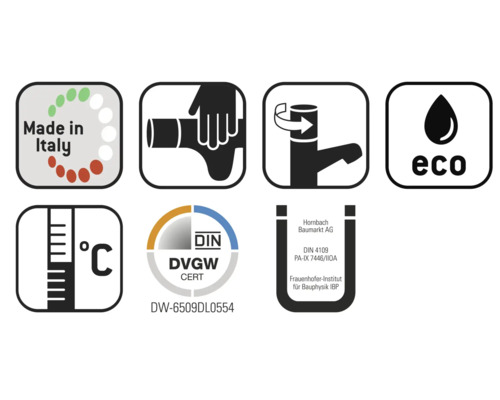 Produktmerkmale und Zertifizierungen: Hergestellt in Italien, Montagehinweis, Wassersparfunktion, Öko-Label, Temperaturbeständigkeit, DVGW-Zertifizierung, Hornbach Baumarkt AG Siegel