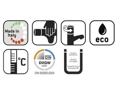 Produktmerkmale: Hergestellt in Italien, Armaturmontage, Wassersparfunktion, Temperaturbeständigkeit, Deutsche Vereinigung des Gas- und Wasserfaches Zertifikat, Hornbach Baumarkt AG Siegel