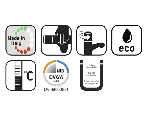 Produktmerkmale: Hergestellt in Italien, Trinkwasserkontakt geeignet, Wassersparfunktion, Temperaturbereichsangabe, DIN DVGW Zertifizierung, Hornbach Logo, Fraunhofer Institut Geprüft