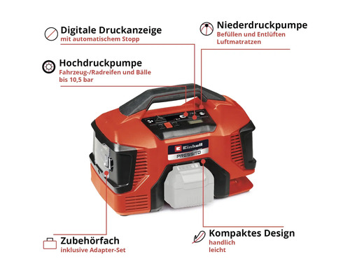 Einhell Pressito 18 Volt Akku-Hybrid-Kompressor mit Digitalanzeige